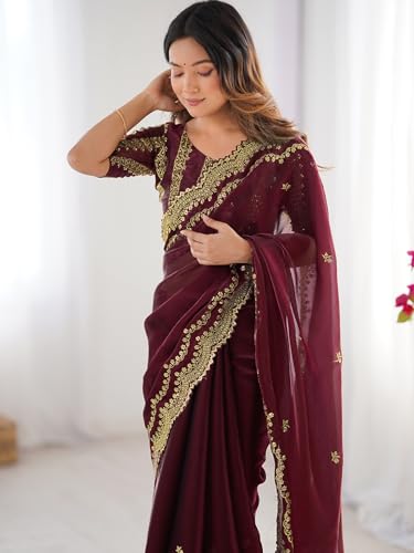 Image of Satrani Women's Shimmer Chiffon Sequins Embroidery Saree with Unstitched Blouse Piece