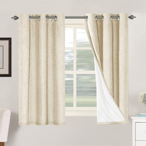 BellaHills 100% Blackout Curtains Faux Linen Eyelet Curtains for Bedroom Living Room Thermal Insulated Burlap Eyelet Curtain & Drapes 2 Panels, 46 x 54 Inch, Bleached Sand