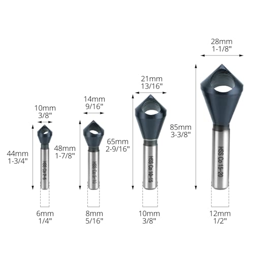 Image of QWORK 4PCS Cobalt Single-End Countersink Chamfer Tool Set, M35 High-Speed Steel, 90 Cutting Angle