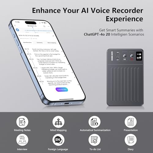 Image of AI Voice Recorder, Voice Recorder with No Fee for Transcribe & Summarize, Empowered by ChatGPT, APP Control, Support 107 Languages, 64GB Memory, Digital Voice Recorder for Meetings, Calls, Dark Grey
