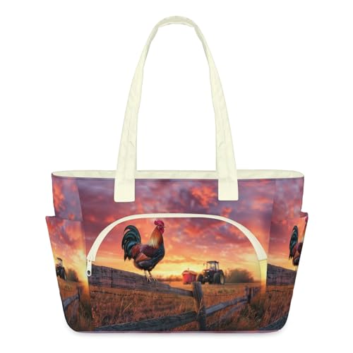 Sac fourre-tout coq de ferme matelassé grand format pour femme à fermeture éclair