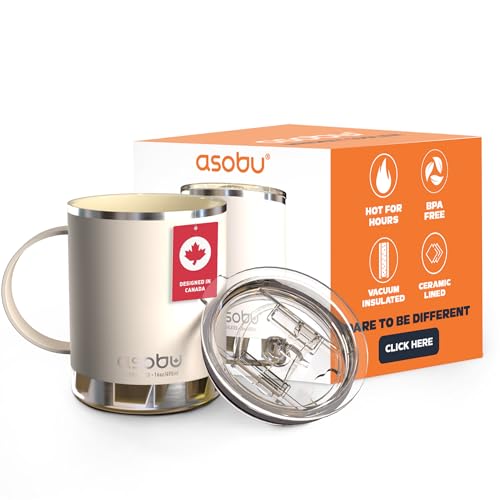 asobu Ultimate Ceramic Travel Mug, 12oz Insulated Stainless Steel Coffee Cup with Handle & Splash-Resistant Lid, Ceramic Lined for Pure Taste, BPA-Free, Double-Wall Vacuum for Hot Drinks