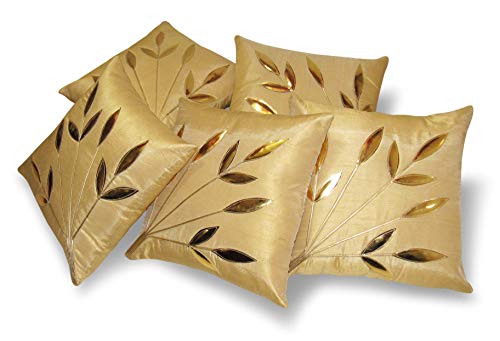 Image of Golden Floral Cushion Covers, 16x16 Inch, Cream Beige, Set of 5 (Beige)