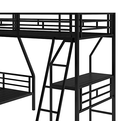 SOFTSEA Heavy Duty Triple Bunk Bed, Twin Over Full Metal Bunk Bed with Desk, 2 Ladders and Safety Guardrails, L-Shaped Bed Frame for 3, Noise-Free, No Box Spring Needed, Black