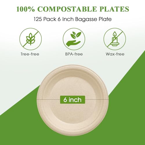 image for Vplus 125 Pack 6 inch Paper Plates 100% Compostable, Heavy-Duty Dispos