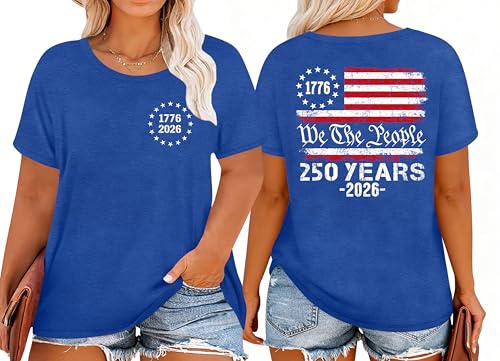 Image of Ithalt Patriotic Plus Size Shirts for Women 250th Anniversary USA Shirts American Flag Tshirt USA Short Sleeve Tops