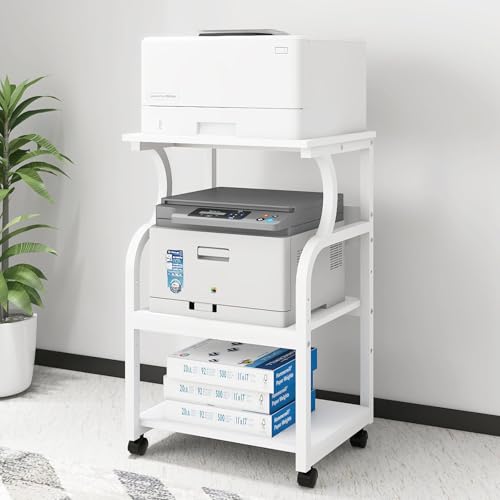 PUNCIA Mesa para Impresora 50 x 40 cm Ajustable en Altura Soporte para Impresión de 3 Niveles con Ruedas Móvil de Madera y Metal Carrito Estante de Almacenaje para Oficina Escuela Estudio Blanco