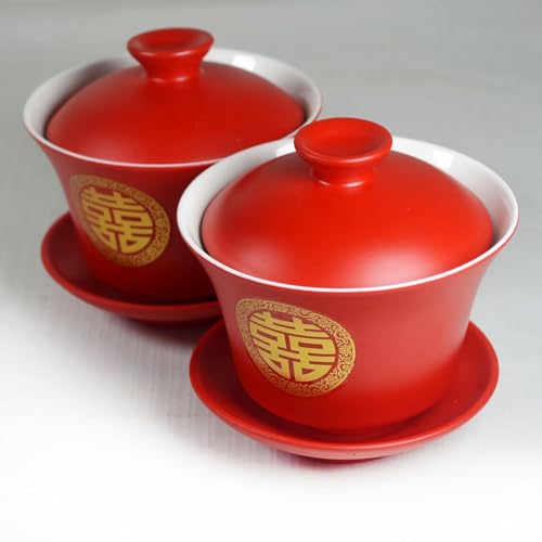 Image of Liang baobao Chinese Tableware Tea Gift 2 Set Gaiwan Bowl Spoon Porcelain Double Happiness for Adults Men Women Couple Wedding Party (Double Happiness)