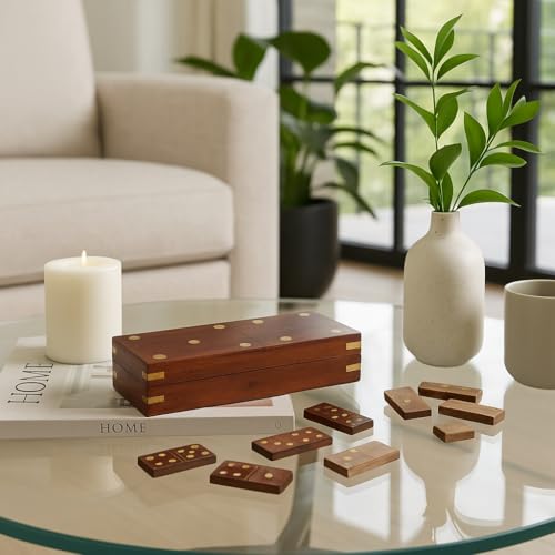 Caja de dominó de madera, 8 x 3 pulgadas, marrón
