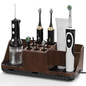 Boperzi Bathroom Counter Organizer for Vanity & Sink Storage: Detachable Electric Toothbrush and Toothpaste Holder, Water Flosser Holder, Bathroom Decor and Accessories Organization Set(Walnut Black)