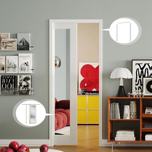 Image of 1-Lite Mirror Pocket Door 24 inch x 80 inch, Pantry Door Panel with Frame and Hardware Kit Set Plus Door Jamb, Single Interior Mirror Closet Door Slab for Sliding Door, No Panel Assembly Required
