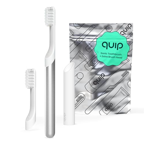Quip Sonic Toothbrush for Adults with Timer - Includes Extra Brush Head and Travel Cover Mount - Electric, Soft Bristle Refill Head, Metal Handle, 3 Month Battery Life - Travel Toothbrush - Silver