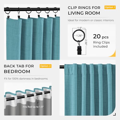 Image of INOVADAY 100% Blackout Curtains for Bedroom, Teal Black Out Curtains 96 Inch Long, Clip Rings Linen Blackout Drapes, Thermal Insulated Room Darkening for Living Room, 2 Panels - W50xL96