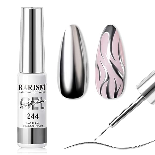 RARJSM Metallic Silver Nail Art Gel Liner Mirror Chrome 3D Effect 8ml Build in Thin Brush Metal Painting Drawing Striper Thin Brush Gel Polish Soak off UV LED Curing Requires for Home Salon Design