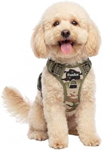 Funfox Anti Zug Hundegeschirr Kleine Hunde mit Frontclip, Tarngrün | Vertikaler Griff, Verstellbar, 2 D-Ringe, Gepolstert, Nachts Reflektierend, für Kleine Mittlere Grosse Hunde, S