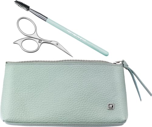ZWILLING Set per sopracciglia con spazzola per capelli e forbici, set regalo in pelle, in acciaio inox, di alta qualità, menta