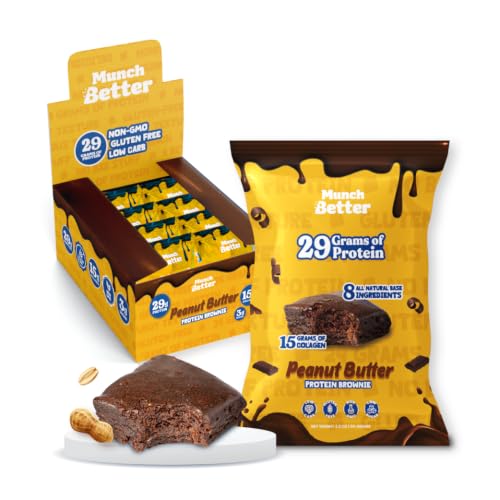 Munch Better Peanut Butter Protein Brownies – High Protein (29g), Gluten-Free, Low Sugar, Collagen-Infused, Clean Ingredients (8 Brownies per Box) | Delicious Peanut Butter Flavor