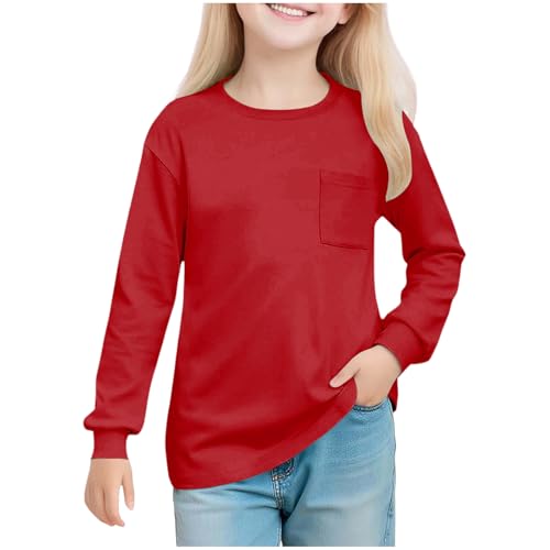 Long Sleeve Shirts for Teen Girls,Girls Long Sleeve Shirts Kids Solid Color Crewneck Blouse Tees Cozy Pullover with Chest Pockets for Teen Girl Youth