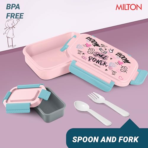 Image of MILTON Big Candy Tiffin Lunch Box for Kids Boys & Girls with Leak-Proof Inner Container| Food Grade,BPA Free,Compact & Durable Snacks Box for Kids I Plastic Spoon & Fork, 830 ml, Light Pink