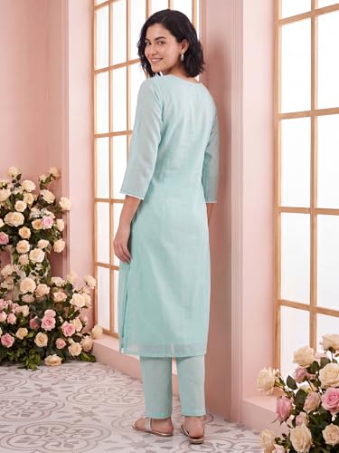 Image of INDO ERA Women's Silk Blend Embroidered Thread Work Kurta & Pant with Dupatta Set | Suit Set For Women