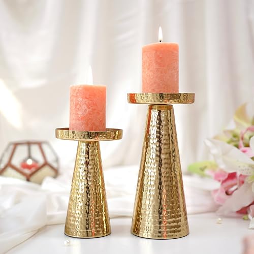 Image of Behoma Handcrafted Hammered Gold Metal Pillar Candle Holders Pack of 5 Sets | Decorative Candle Stand Set for Modern Centerpiece for Home Decor, Dining Table, Wedding, Diwali & Housewarming Gifts | Golden leaf-shape metal tray, small size; perfect for mandap, haldi, mehendi & Navratri decor.