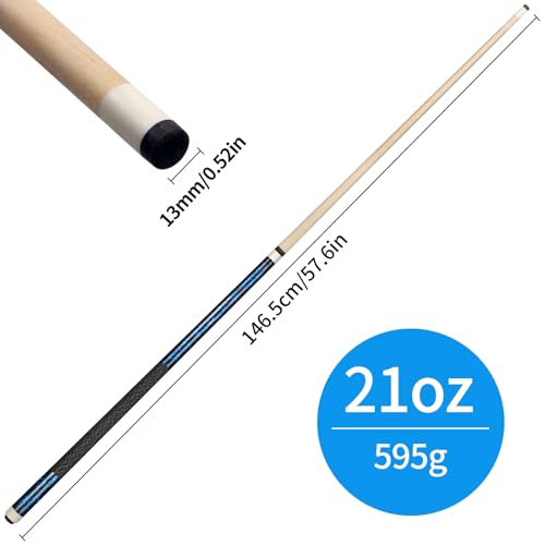 Kmise Billard Queue-Set, 147cm 18–21 oz Professionelles Billardqueue aus kanadischem Ahorn, Neuer verbesserter Griff, 4 Farben optional (1 Stück (595 g blau))