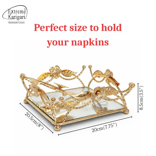 Image of Gold Floral Metal Napkin Holder with Mirror Base, Decorative Flower and Leaf Design, Elegant Table Decor