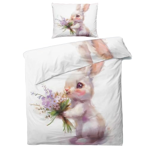 Kaninchen Bettwäsche 135x200 Sommer - Kinder Süße Hase Bettbezug 135 x 200 2er Set mit Kissenbezug 80x80, Weiche Mikrofaser Sommerbettwäsche mit Reißverschluss für Schlafzimmer Deko F&14