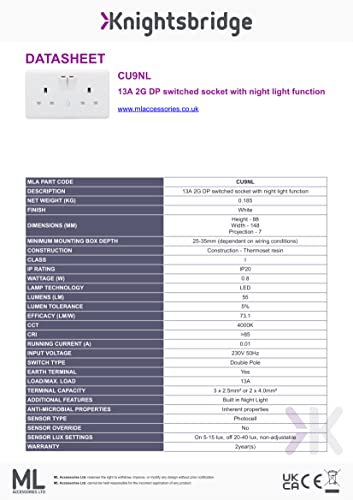 Knightsbridge 13A 2G DP Switched Socket with Night Light Function, Double Pole Switch, Automatic On-Off-On Operation, White - Image 3