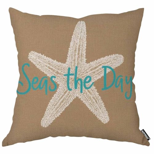 AOYEGO Seas The Day Throw Pillow Cover Starfish On Brown Background Ocean Wildlife Pillow Case 18x18 Inch Decorative Men Women Room Cushion Cover for Home Couch Bed