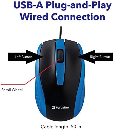 Verbatim Wired USB Computer Mouse - Corded USB Mouse for Laptops and PCs - Right or Left Hand Use, Blue 99743, 1.4" x 2.4" x 3.9" - 5