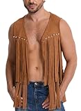 AIEOE Chaleco con flecos hippie para hombre, disfraz de vaquero, indio, sin mangas, ante retro, años 70, fiesta, carnaval, marrón, M