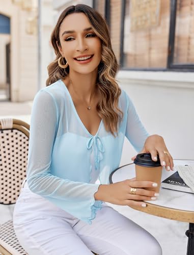 Image of Avidlove Womens Sheer Shrug Tie Front Long Bell Sleeve Mesh Bolero Lightweight Summer Casual Short Shawl Top