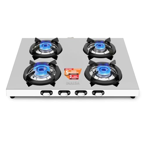 Image of INALSA Premium Gas Stove 4 Burners Steel Body|Include Commercial & Tornado Brass Burner|LPG Ready & PNG Compatible|Slim Gas Stove |5 Yr Warranty on Burner & 2Yr On Product|Gas Chulha(Iceline 4B)