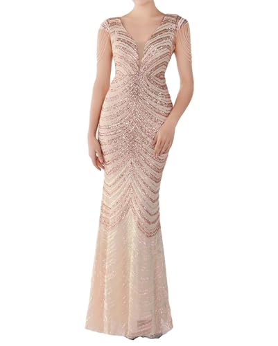Image of houstil Formal Dresses for Women Sequin 1920s Full Length Evening Party Gown Great Gatsby Cocktail Wedding Dress