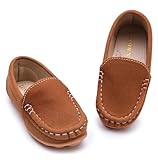 LONSOEN Kids Slip-On Loafers, Synthetic Suede Moccasin Driving Shoes, Non-Slip Rubber Outsole Lightweight Casual/Dress Boat Shoes for Boys & Girls Size 10 Toddler, Brown, SHF106 28