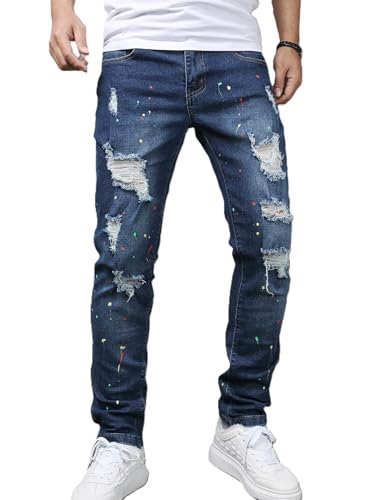 Men's Stretch Distressed Destroyed Jeans Ripped Skinny Slim Fit Straight Leg Fashion Cargo Denim Pants