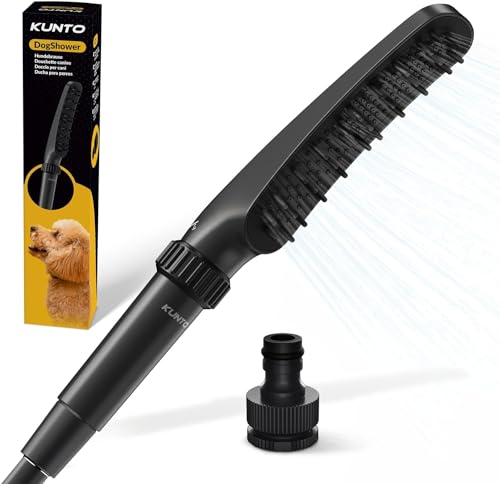 KUNTO® Ducha perro - Ducha para perros con cuatro tipos de chorro - Ducha perros con cerdas de silicona para lavado agradable y eficaz del pelaje - Dog shower con adaptador de manguera