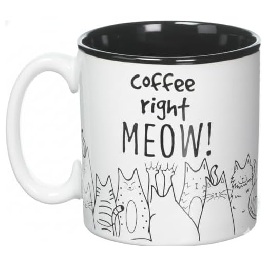 BnB Cat Lovers Mug Coffee Right Meow Funny Message Novelty Ceramic Cup for Java, Hot Tea or Hot Chocolate 13 oz 3.75 in H x 5 in W x 3.5 in D, Black and White with Feline Animated drawings, One in box