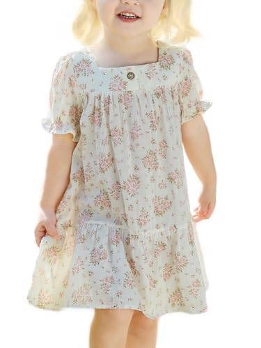 Floral Girl's Dress Ruffle Puff Sleeved Printing Dress Girls Square Neck Vintage Summer Casual Girls Dress