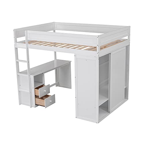 Softsea Full Size Wood High Loft Bed With Desk And Drawers Functional High Loft Bed With Wardrobes For Bedroom #TOP29