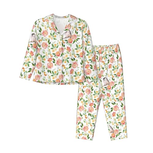 Pyjama floral femme manche longue coton et pantalon élastique confortable pour nuit