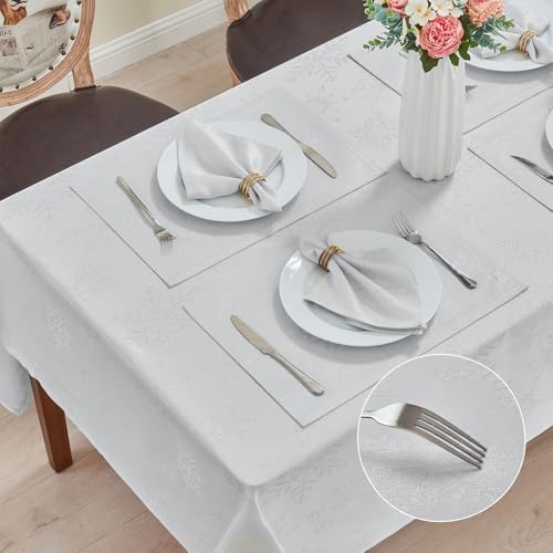 Rectangle Fancy Metallic Sparkling Snowflake Christmas Fabric Table Cloth red Hunter Gold Navy White Silver No-Iron Soil Resistant Woven Holiday Table Cover(White Silver/52x70Inch) – Image 6