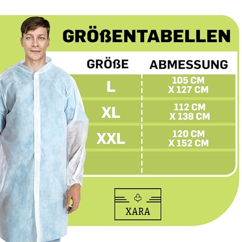 XARA Schutzkittel Einweg - Einweg-Schutzkittel – Einwegkittel – Einheitsgröße - Größe XXXL -120 x 152cm - TNT Polypropylen 35 gr - Einwegkittel mit Kontaktverschluss - Atmungsaktiv - 10 Stück