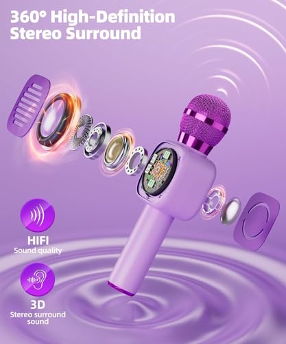 Image of ShinePick Karaoke Mic with Speaker for Kids & Adults, Wireless Bluetooth Microphone for Singing, 5 Magic Voice Changer, RGB Lights, Portable Mike Gift,1200mAh Battery, Type-C Charging (Purple)