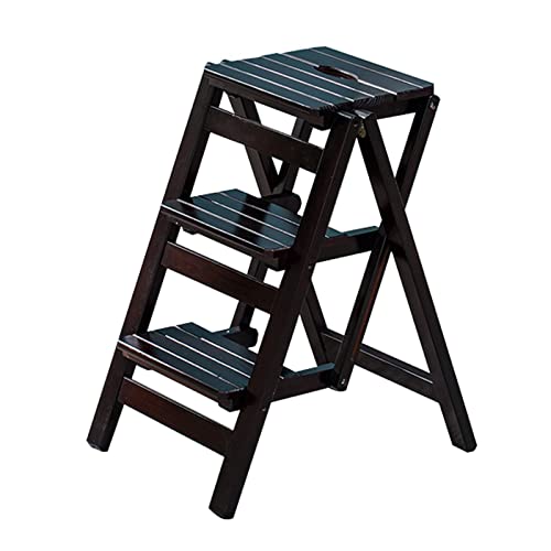 Taburete escalera de madera maciza natural plegable con 3 peldaños color negro 2