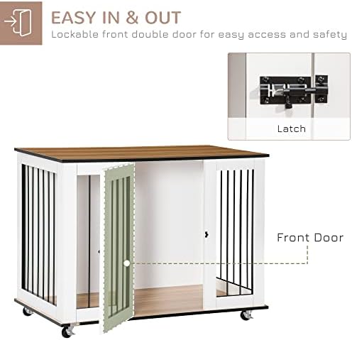 PawHut Dog Cage End Table w/ Five Wheels, Dog Crate Furniture for Large Dogs, with Lockable Door - White
