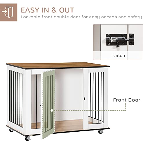 Pawhut Modern Dog Crate End Table With Easy To Clean Surface, Large Dog Crate Furniture On Wheels, Kennel For Large Dogs Indoor With Big Flat Surface, White #TOP4