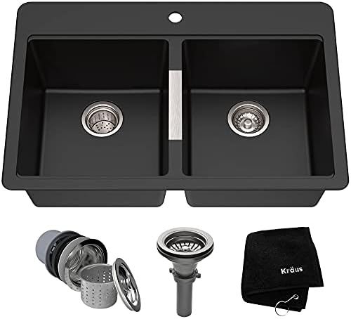 Kraus Quarza Kitchen Sink, 33-Inch Equal Bowls, Black Onyx Granite, KGD-433B model