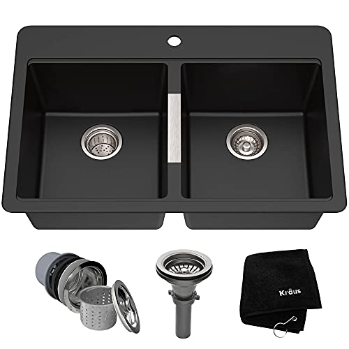 AKDY 30 in. Convertible Kitchen Wall Mount Range Hood with Carbon Filters in Black Painted Stainless Steel & Kraus Quarza Kitchen Sink, 33-Inch Equal Bowls, Black Onyx Granite, KGD-433B model #5